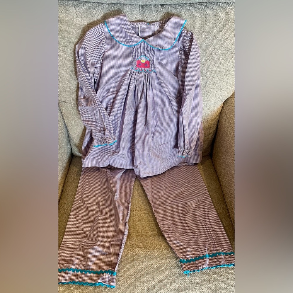 Purple and white gingham two piece smocked pant set